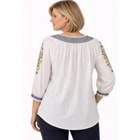 Multiples Peasant Blouse‎ Womens 1X White Blue Yellow Embroidered Cotton - Picture 2 of 9